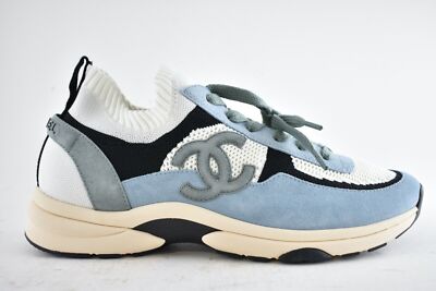 Chanel 22C Mens Blue White Grey Suede Knit CC Logo Low Top