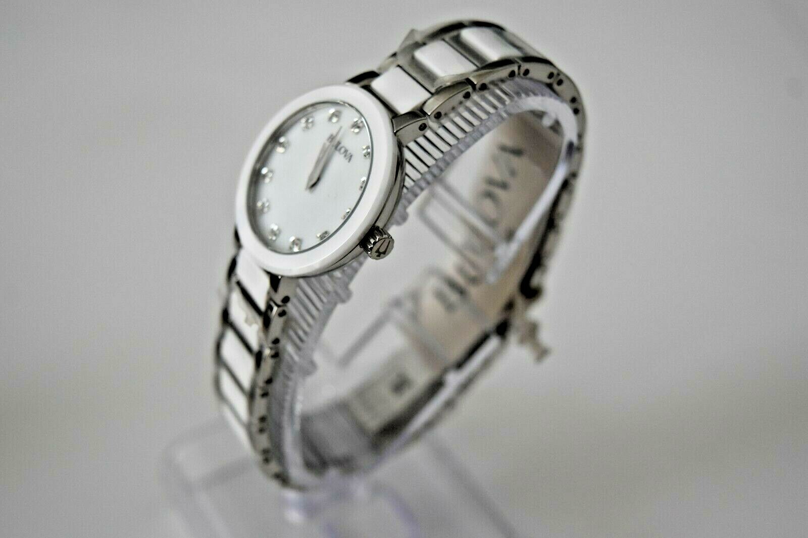 Pre-owned Bulova Women's White Ceramic Ss Diamond 98p158 $395 Watch