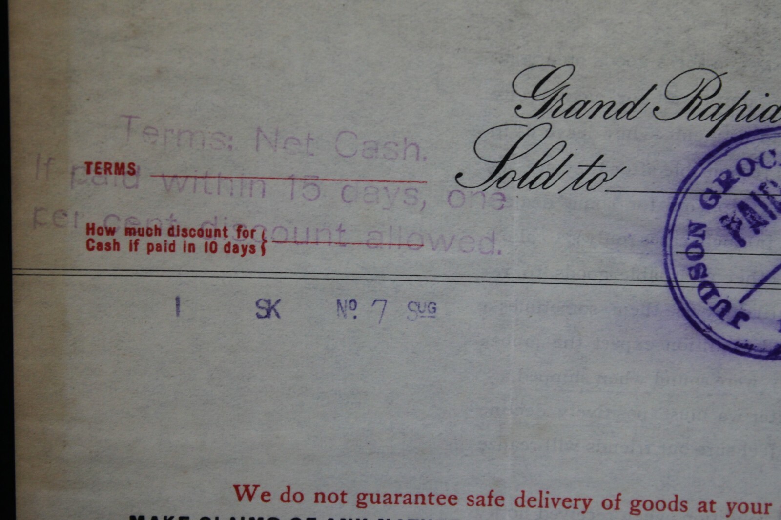 Vtg Grand Rapids Michigan 1907 Invoice Paper Bill Judson Grocer Co Stamped Typed