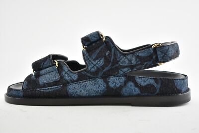 Pre-owned Chanel 21a Blue Black Grey Denim Cc Logo Mule Slide Strap Flat Dad Sandal 38.5