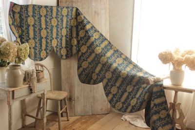 Antique 18th century valance Indigo blue French textile quilted bed hanging