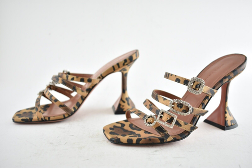 Pre-owned Amina Muaddi Robyn Slipper Satin Leopard Crystal Backless Sandal Heel Pump 36 In Black