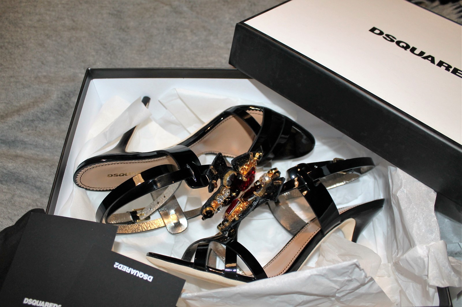 Pre-owned Dsquared2 6.5/37 8.5/39 Jeweled Black Cleo Patent Leather Ankle Strap Sandals