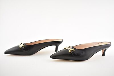 Pre-owned Gucci Zumi Black Leather Silver Gold Gg Kitten Heel Mule Slide Loafer Pump 37