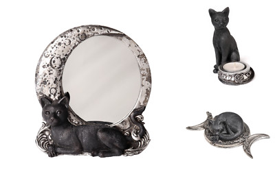 Alchemy Gothic Black Cat Vanity Alter Set Of 3 Mirror Votive Triple Moon Cat NIB