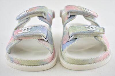 Pre-owned Chanel 22c Green Pink Blue White Cc Logo Mule Slide Strap Flat Dad Sandal 38 In Multicolor