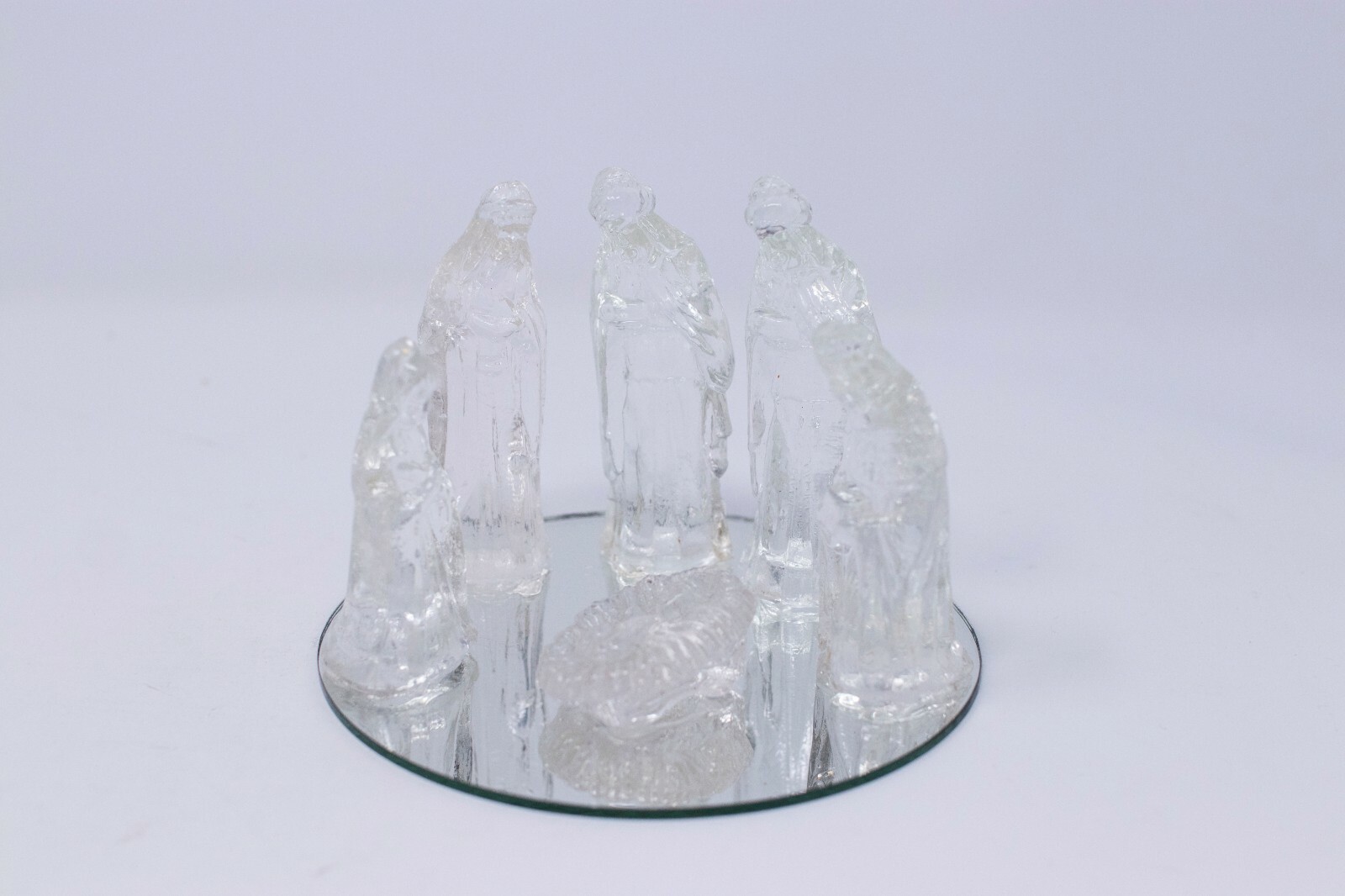 Vintage 7 Piece Glass Nativity Set With Mirror Still in Box