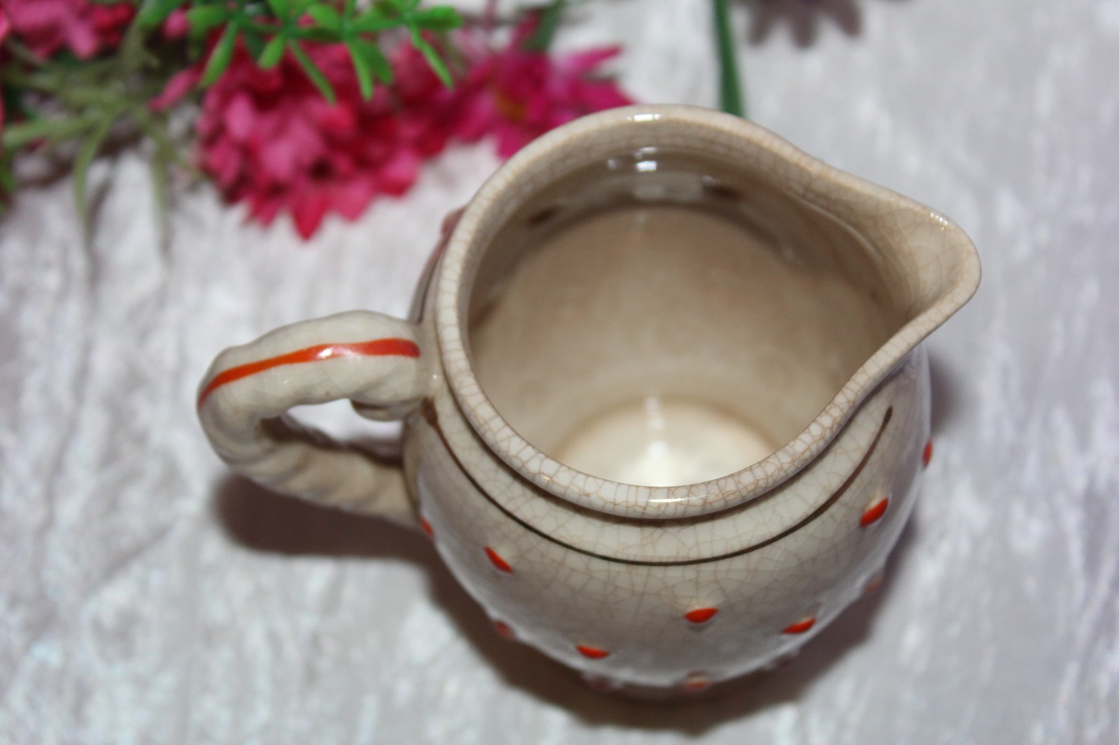 Vintage Hand Painted Pottery Pitcher/Creamer~Orange Cold Paint Polka Dots~Japan
