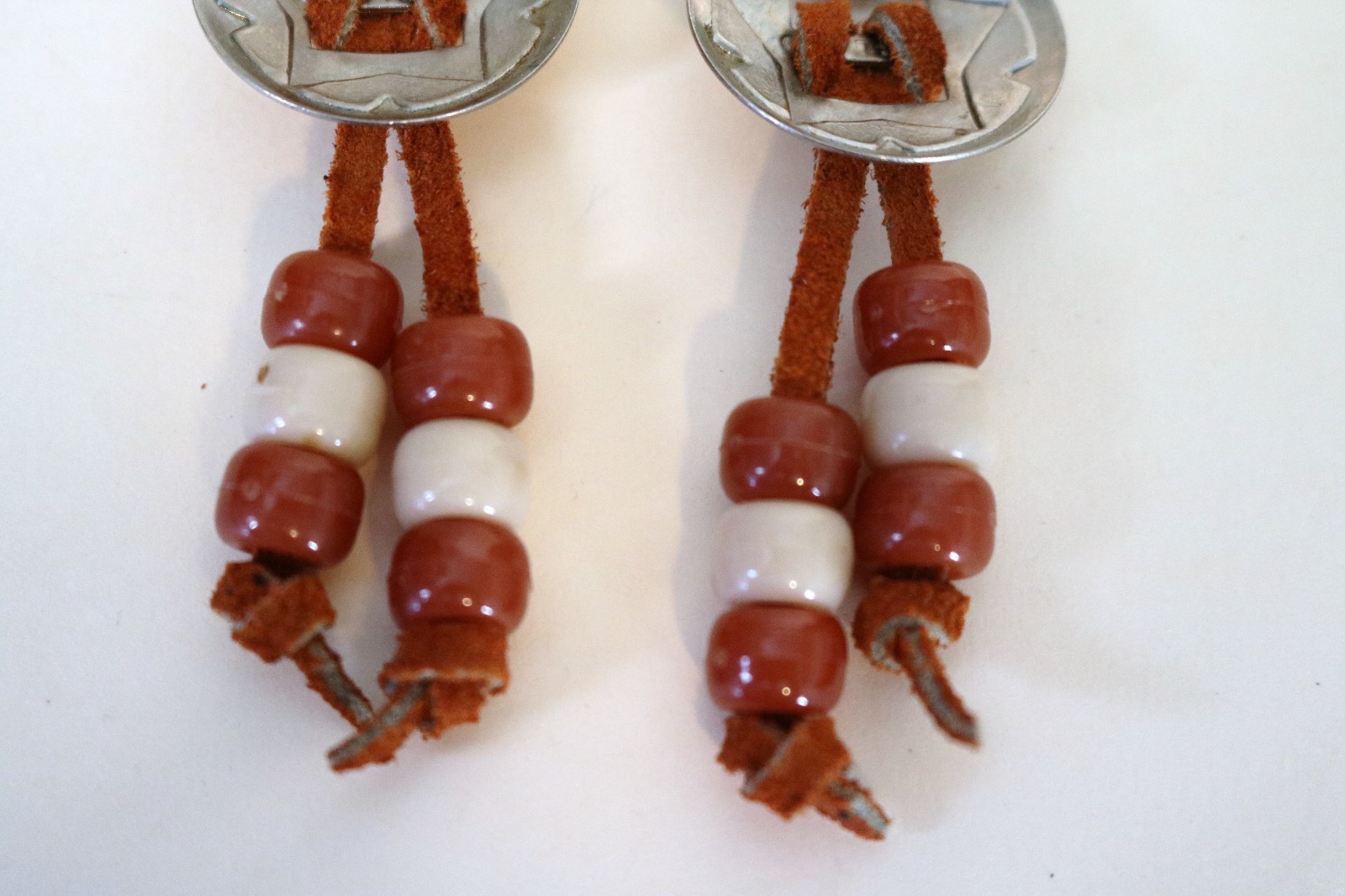 Vintage Conch Pierced Earrings Brown Beige Beads on Suede