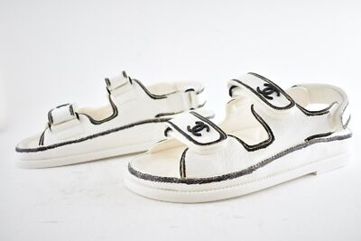 Pre-owned Chanel 22c White Black Graffiti Cc Logo Mule Slide Strap Flat Dad Teva Sandal 36
