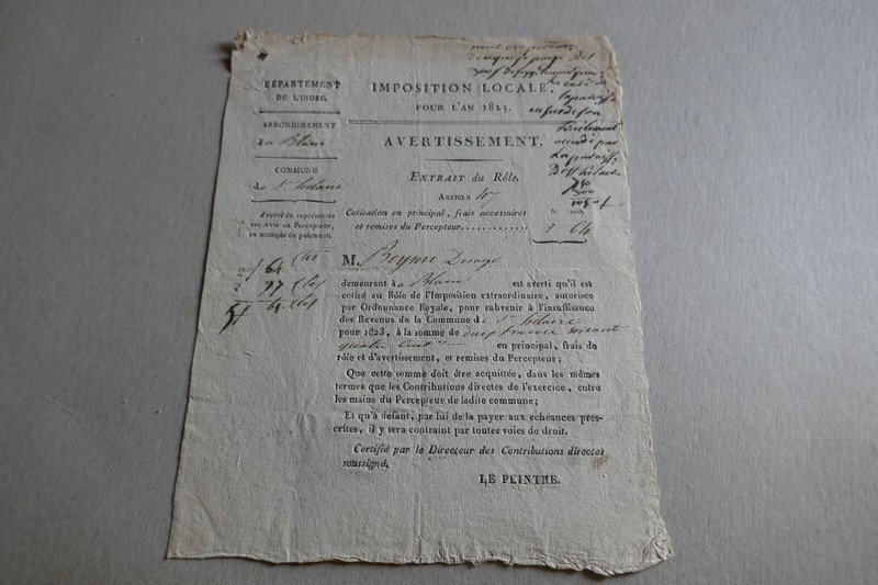 1823 Imposition Locale Dept Indre Arrond. Du Blanc