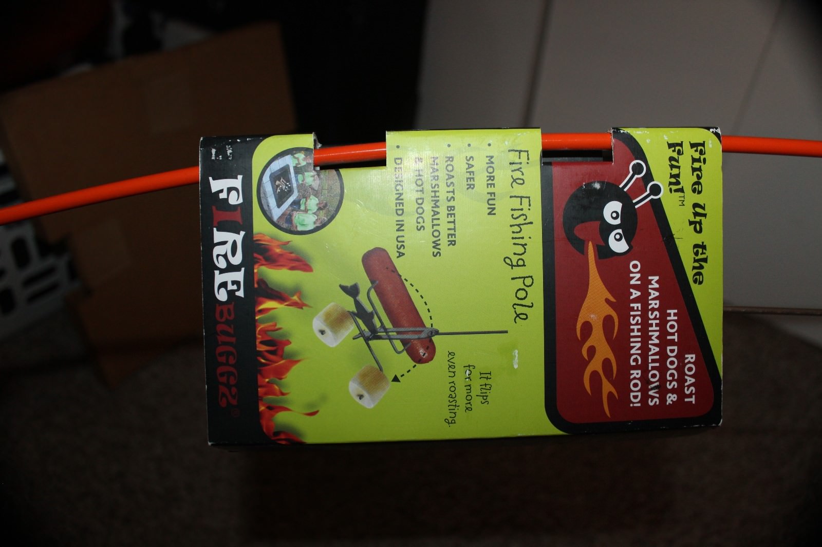 NEW FIREBUGGZ ORANGE FISHING ROD MARSHMALLOW & HOT DOG FLIP IT ROASTER COOKER!