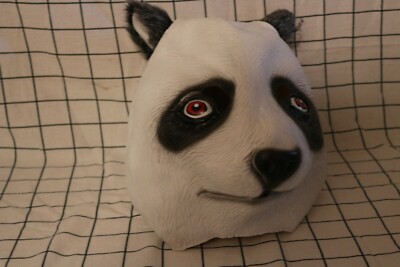 Full PANDA BEAR Mask Deluxe Latex Head Fur Furry Ears Black White Adult Costume