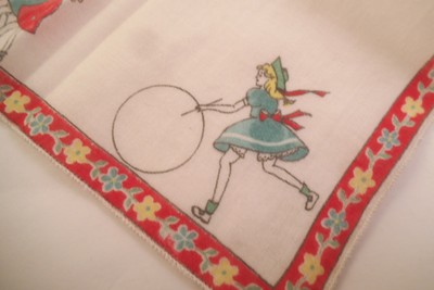 Vintage Children's Handkerchief Children Playing Baby Carriage Bike Hoops