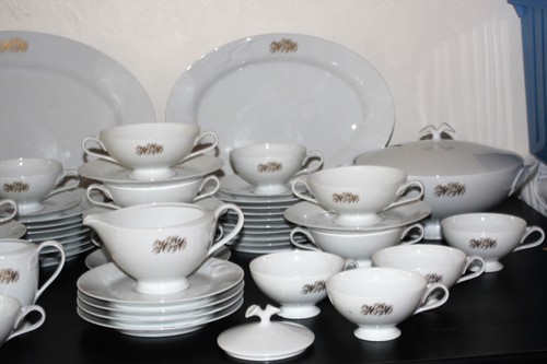 HUTSCHREUTHER Fleuron Blanche 52-pcs Platters Cups Plates Bowls Monogrammed VTG