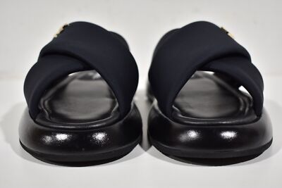 Pre-owned Chanel Rev Black Fabric Criss Cross Puffy Cc Logo Slide Mule Sandal Flop Flat 37