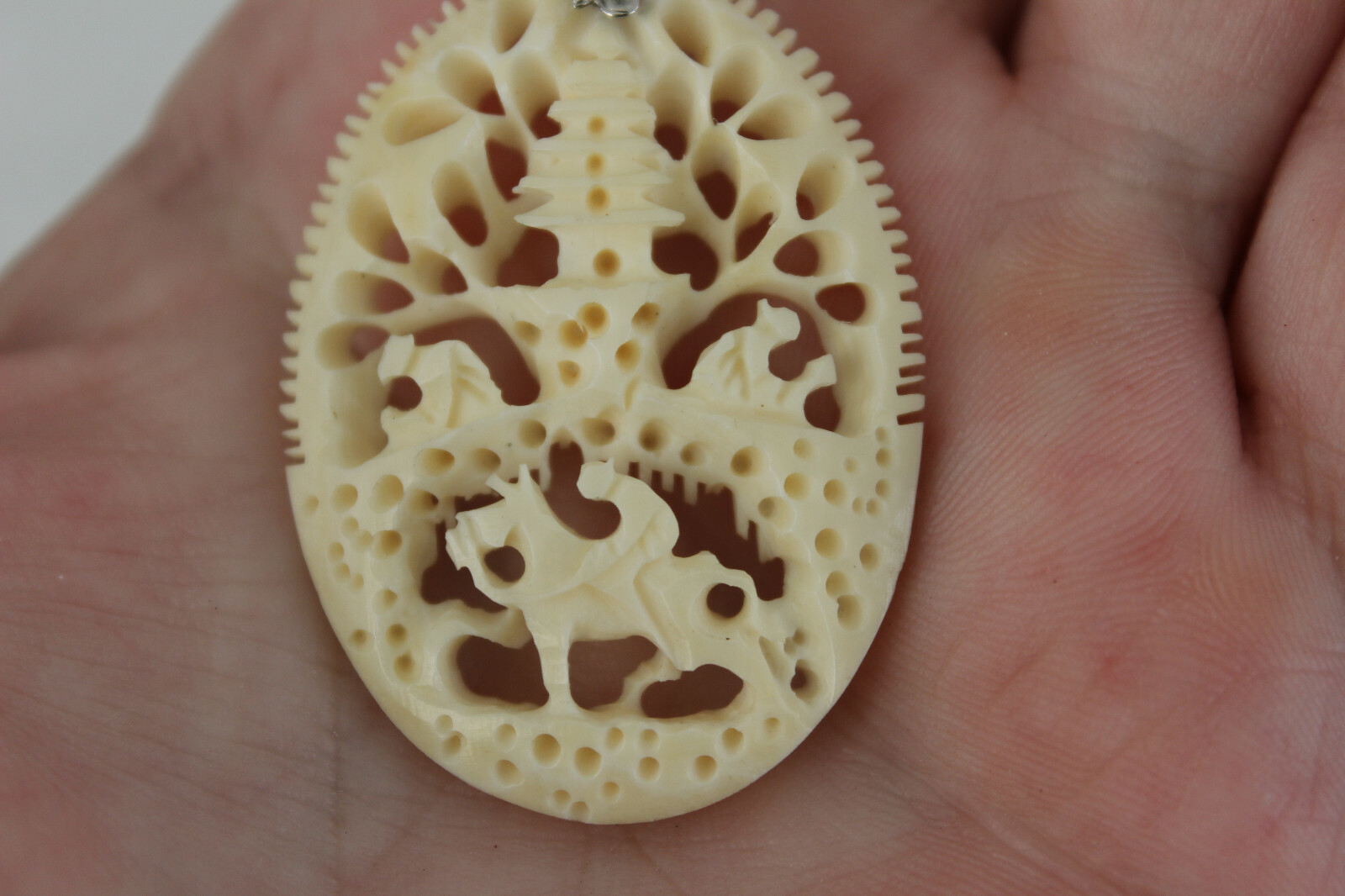 Vintage Hand Carved Very Detailed Bovine Bone Necklace Pendant Asian