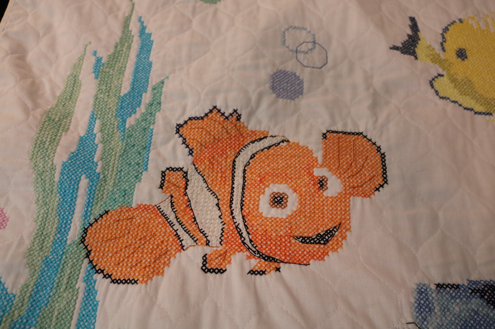 Nemo & Dory Baby Crib Quilted Coverlet Hand Stitched Cross Stitch Design NEW