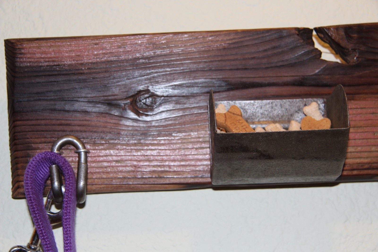 Dog Leash Hanger w/ Treat Holder, Recycled materials, Wall Hanging, Rustic Uniqu