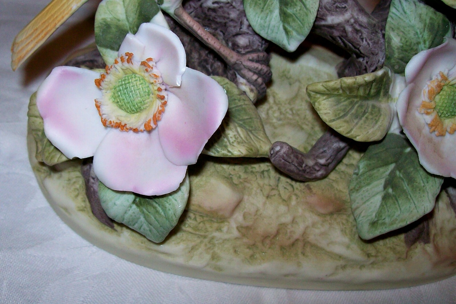 Canary by Andrea Sadek- Canaries on branch w/ Pink Flowers~Bisque Porcelain