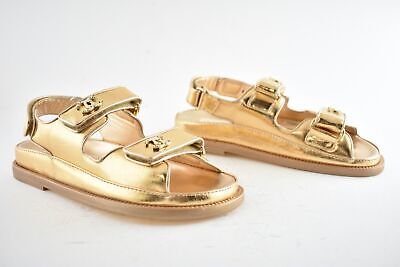 Pre-owned Chanel 22c Golden Gold Laminated Cc Logo Mule Slide Strap Flat Dad Sandal 36.5