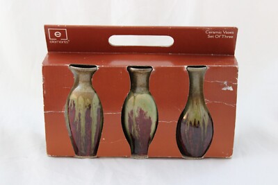 Set 3 Drip Glaze Ceramic Bud Vases Tan Brown Burgundy Art Elements Red Volcano