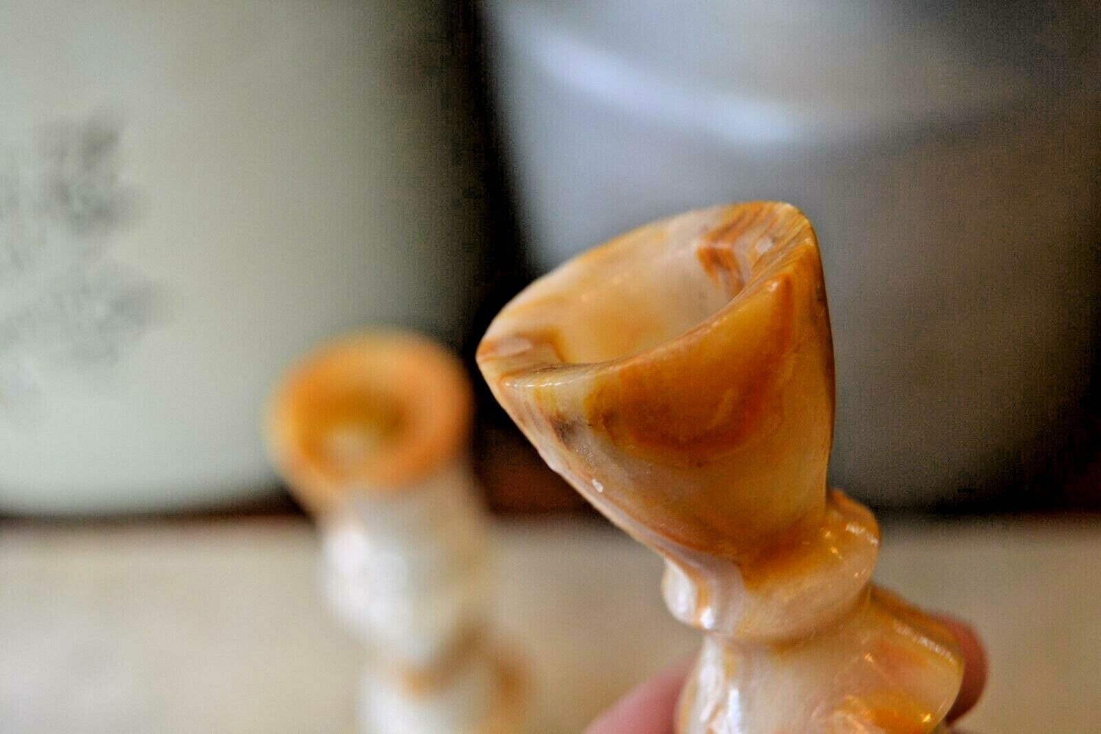 Pair Of Marble Alabaster Candlestick Holders 6 Inches Vintage Butterscotch