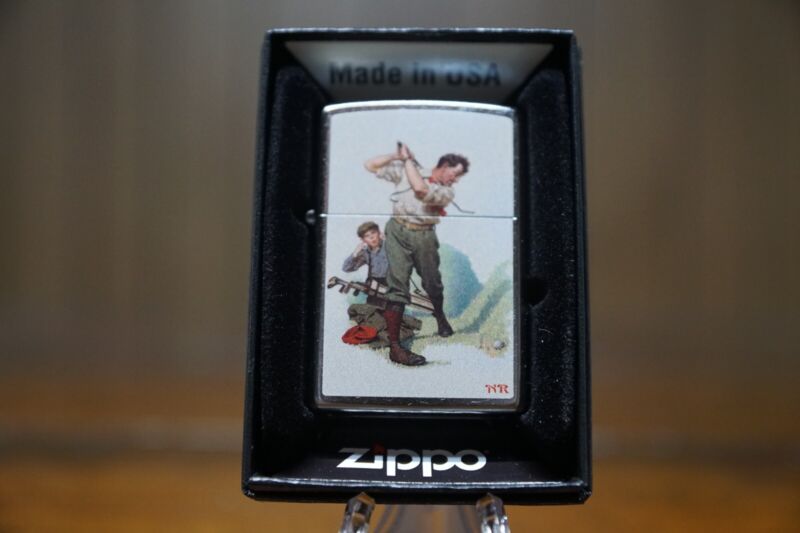 NORMAN ROCKWELL THE GOLFER PAINTING ZIPPO LIGHTER MINT IN BOX