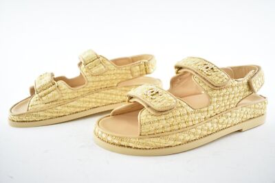 Pre-owned Chanel 21c Beige Raffia Pearl Cc Logo Mule Slide Strap Flat Teva Dad Sandal 36