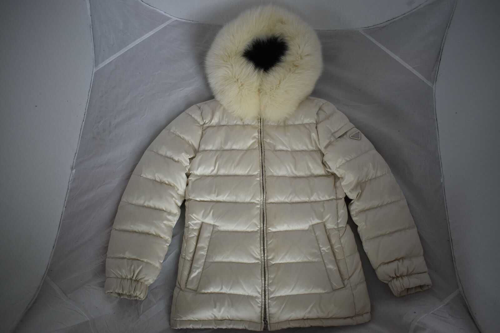 Prada White Down Quilted Zip Through Dyed Fur Jacket Coat Prada White Down Quilted Zip Through Dyed Fur Jacket Coat