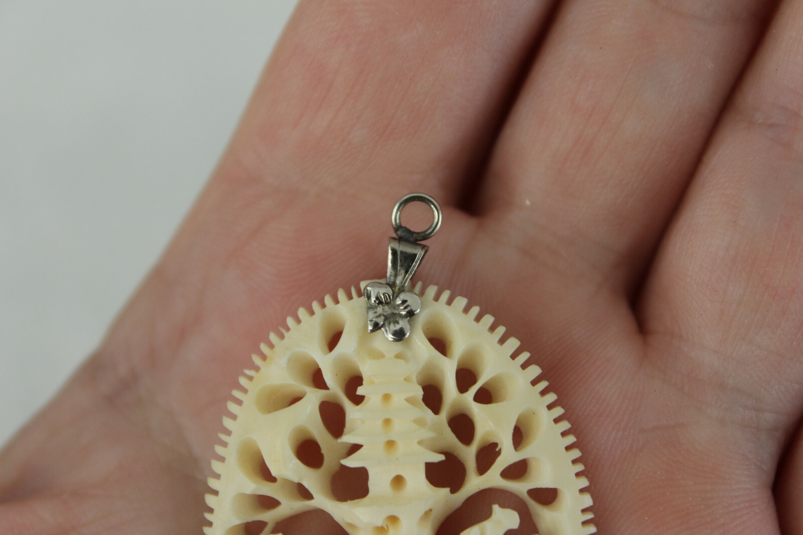 Vintage Hand Carved Very Detailed Bovine Bone Necklace Pendant Asian