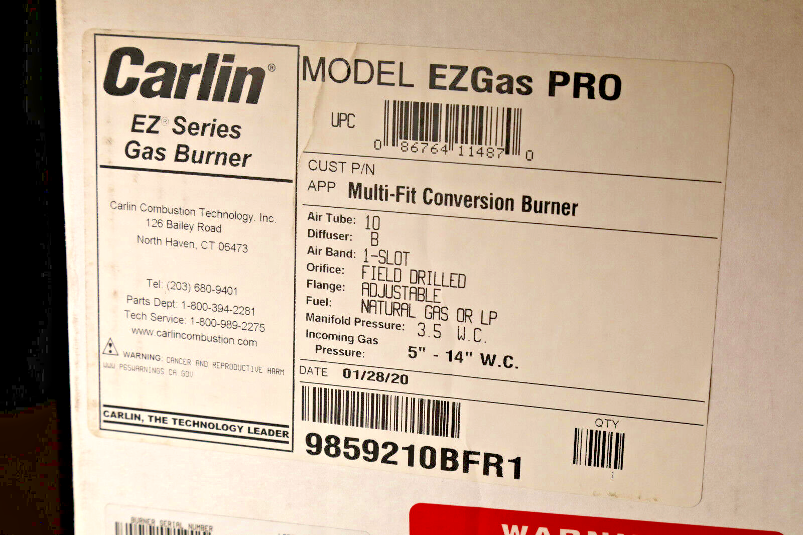 Carlin EZ GAS Burner Conversion to Natural / Propane 10" Air