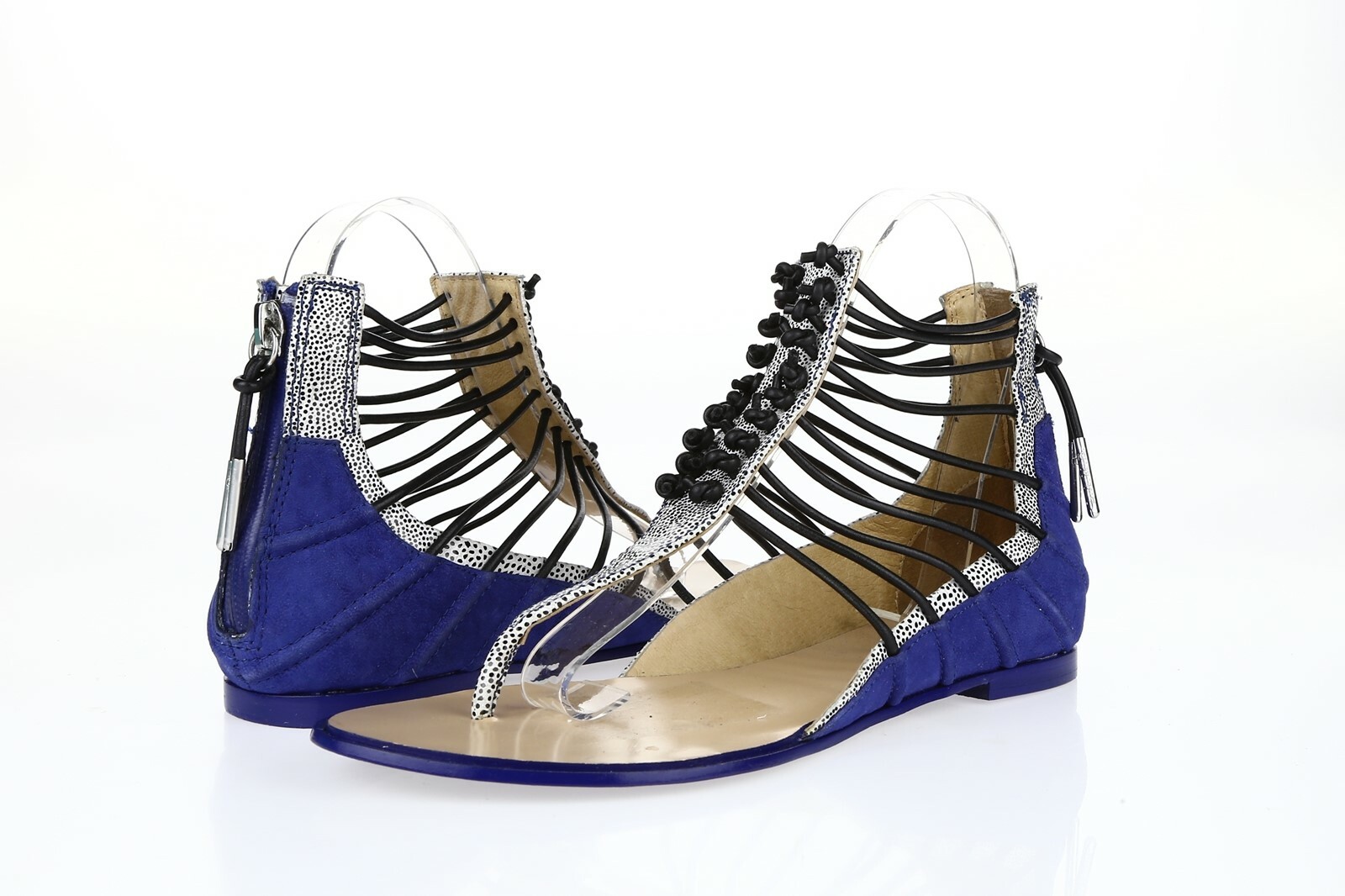 Womens Lamb Black And Blue Leather Ankle Strap Thong Flat Sandals Size 6.5 M