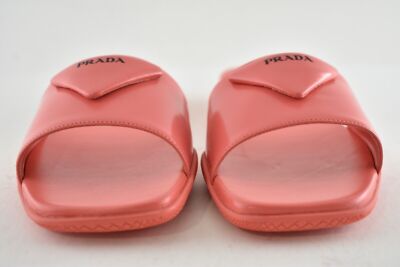 Pre-owned Prada Corallo Red Rubber Leather Triangle Logo Slide Sandal Flip Flop Flat 39