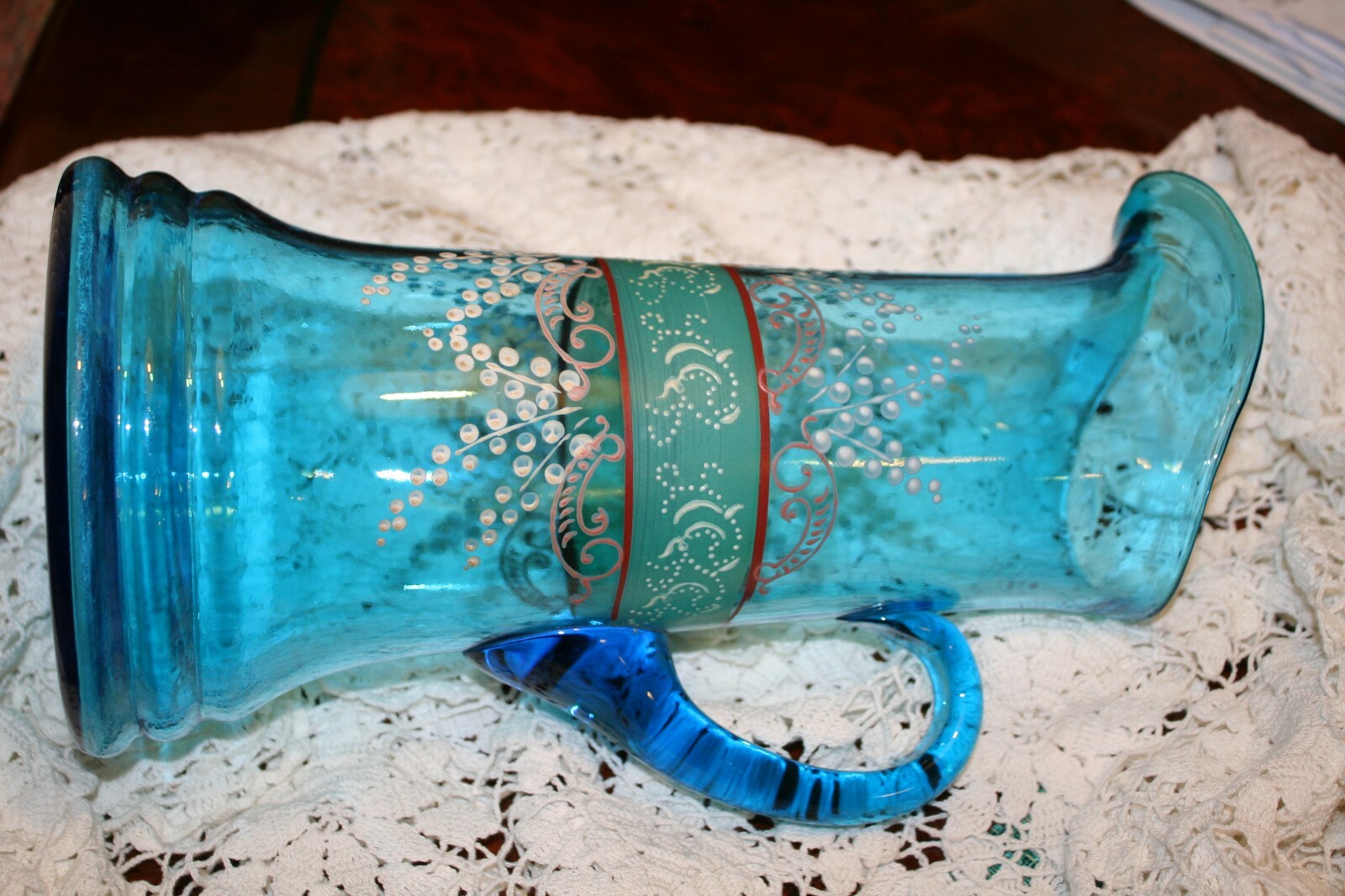 Antique Victorian Hand-Blown Blue Glass Hand-Painted Lemonade Pitcher c. 1900 NR