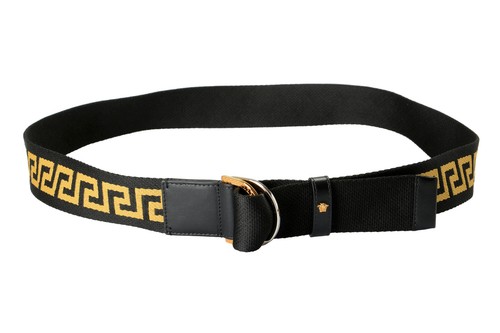 Pre-owned Versace Leather Trimmed Tow-tone Black And Gold Greeca Print Belt