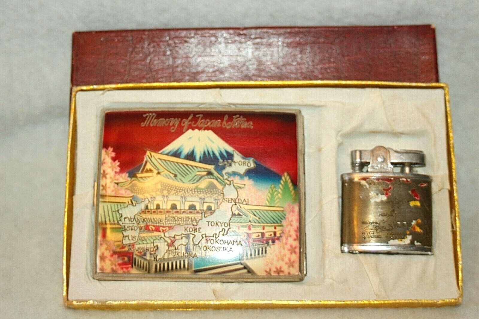 VINTAGE Cigarette Case & ESTER Lighter Set Memory of Japan & Korea