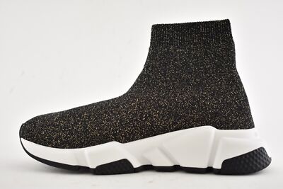 Pre-owned Balenciaga Women Speed Sock Trainer White Black Gold Lurex Runner Sneakers 34