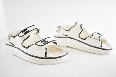 Pre-owned Chanel 22c White Black Graffiti Cc Logo Mule Slide Strap Flat Dad Teva Sandal 36