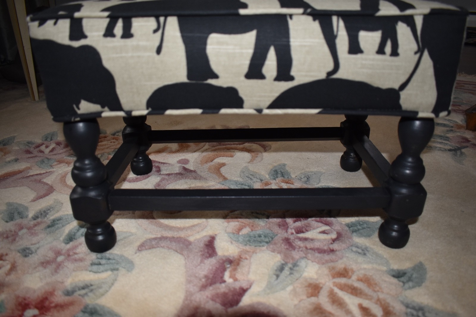REDUCED!!!  Vintage Painted Wooden Stool Upholstered in Elephant Print Fabric