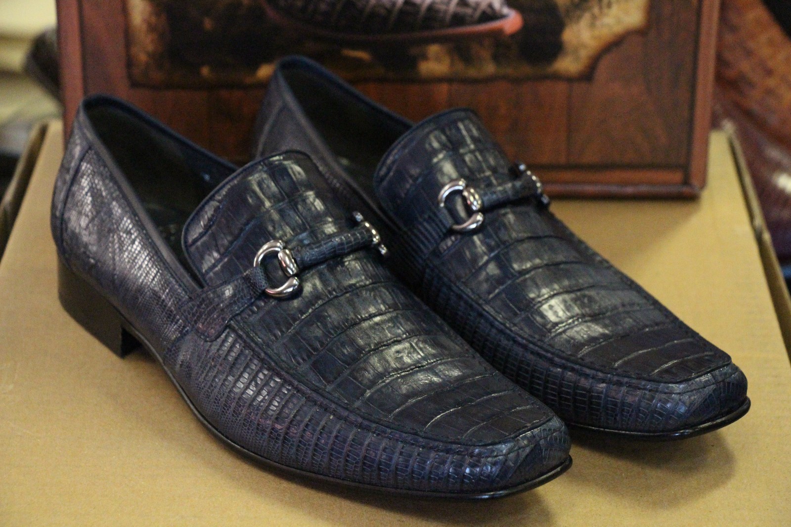 Pre-owned Los Altos Boots Los Altos Genuine Navy Blue Crocodile Lizard Loafer Dress Shoe (d) Width
