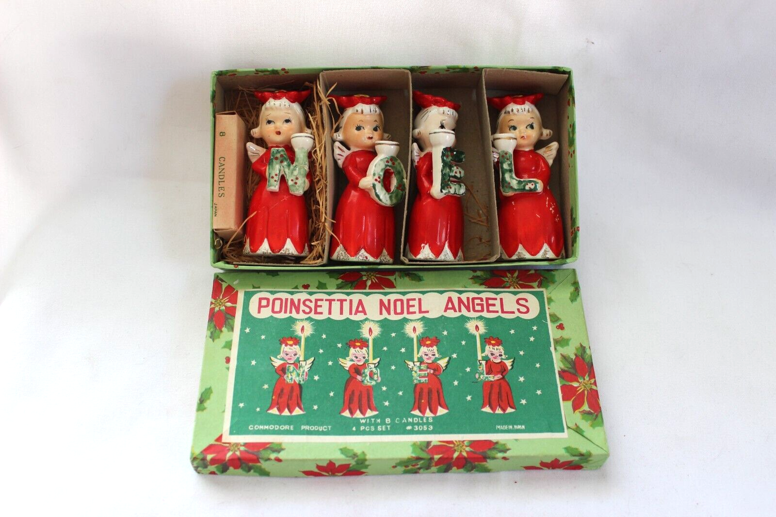 Commodore vintage NOEL poinsettia Angels Christmas candleholders