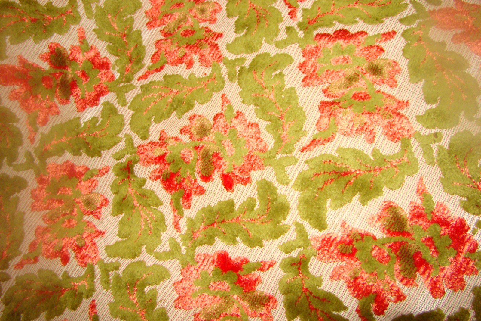 Mid Century Modern Vintage Cut Velvet Fabric Upholstery Orange Color Floral 1970
