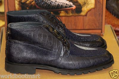 Pre-owned Los Altos Boots Los Altos Genuine Lizard Stingray Navy Blue Men Ankle Boot (ee+) Width Za2068205