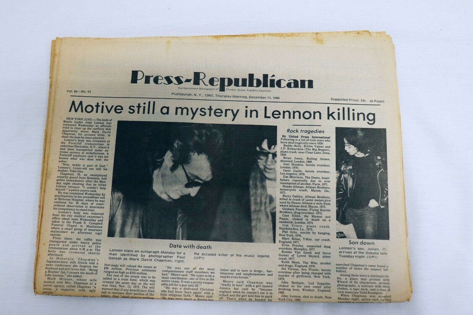 ORIGINAL Vintage Dec 11 1980 Death of John Lennon New York