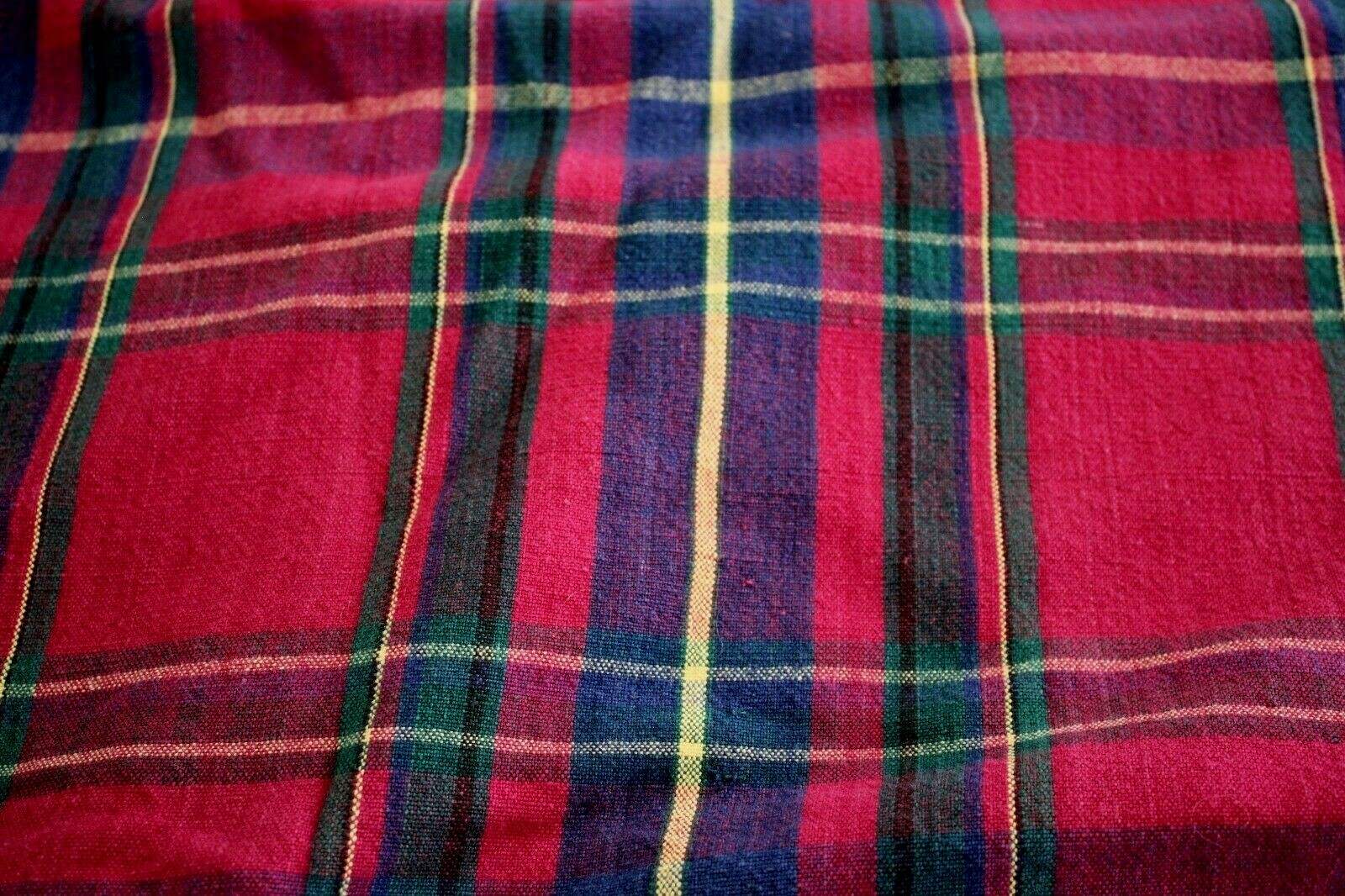 Vintage Dark Magenta Navy Green Gold Woven Plaid Heavy Cotton Tablecloth 56 x 96