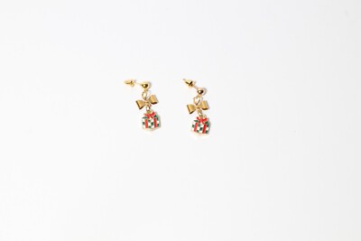 Aretes Navideños Hipoalergénicos Colgante De Lazo Y Cajas Rrgalo Chapado Oro 18k
