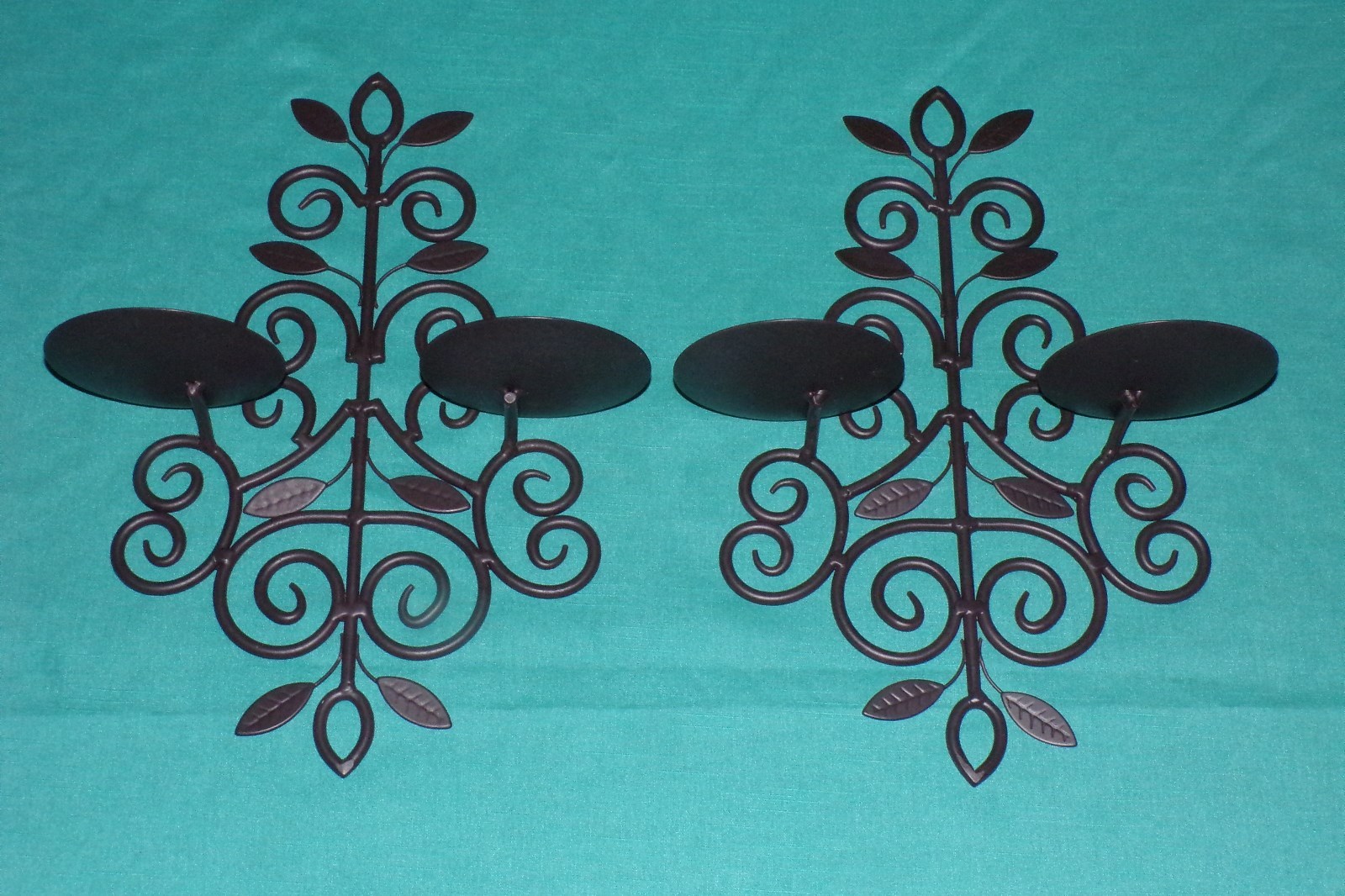 Pair Brown Metal Double Wall Pillar Round Candle Holders Sconces Leaf Scroll