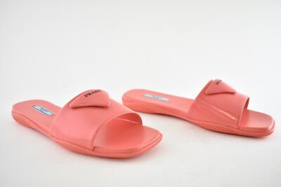 Pre-owned Prada Corallo Red Rubber Leather Triangle Logo Slide Sandal Flip Flop Flat 39