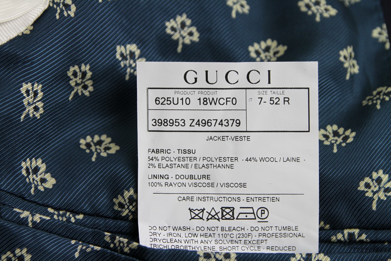 Pre-owned Gucci $1860  Men's Blue Poly/wool/elastane Formal Jacket 2 Buttons 398953 4379